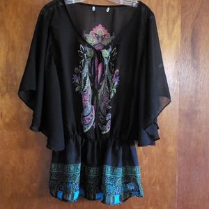 Sheer dressy top, black with bright colored accent